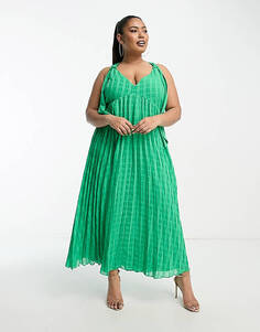 Изумрудно-зеленое платье миди со складками и глубоким вырезом в жаккардовую клетку ASOS DESIGN Curve