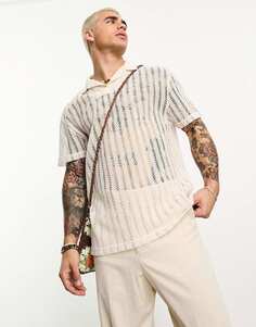 Свободная рубашка-поло с воротником-стойкой ASOS DESIGN из бежевой ткани, связанной крючком