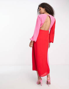 Розово-красное платье миди с контрастным узлом и контрастным узлом Pretty Lavish