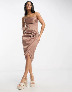 Атласное платье миди с корсетом Bardot цвета мокко