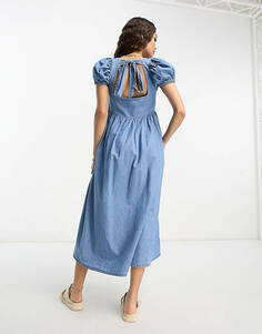 Светло-голубое платье миди из мягкого денима с объемными рукавами ASOS DESIGN Petite