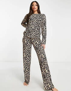 Коричневый пижамный комплект из вискозного топа с леопардовым принтом и широких брюк ASOS DESIGN Tall