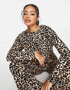 Коричневый пижамный комплект из вискозного топа с леопардовым принтом и широких брюк ASOS DESIGN