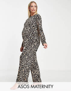 Коричневый пижамный комплект из вискозного топа с леопардовым принтом и широких брюк ASOS DESIGN Maternity