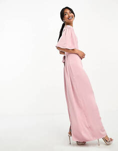 Розовое платье макси Vila Bridesmaid с развевающимися рукавами и завязкой на талии