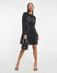 Черное мини-платье с длинными рукавами и завитками и контрастной строчкой Topshop