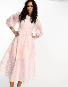 Гламурное свободное платье миди миди с завязками на спине и пышными рукавами из розовой органзы Glamorous
