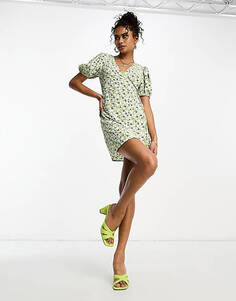 Гламурное зеленое мини-платье с короткими рукавами и запахом в стиле ретро с цветочным принтом Glamorous