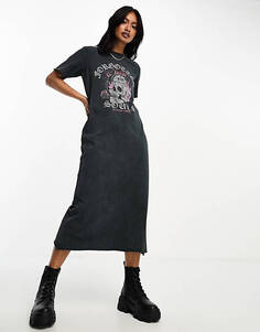 Темно-серое платье-футболка миди с изображением черепа ASOS DESIGN