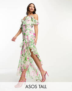 Асимметричное платье макси с открытыми плечами и оборками ASOS DESIGN Tall с цветочным принтом