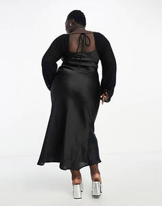 Черное атласное платье макси с длинными рукавами и лифом ASOS DESIGN Curve