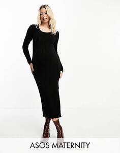 Черное вязаное платье миди из фактурной пряжи с квадратным вырезом ASOS DESIGN Maternity
