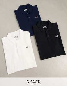 Комплект из 3 футболок-поло узкого кроя из пике с логотипом Hollister белого/темно-синего/черного цвета