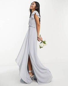 Серое платье макси с развевающимися рукавами TFNC Bridesmaid