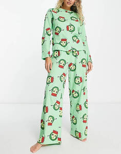 Зеленый пижамный комплект из топа и брюк с длинными рукавами ASOS DESIGN Christmas brussels