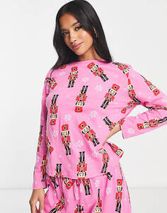 Розовый пижамный комплект с длинными рукавами и брюками ASOS DESIGN Petite Christmas Nutcracker