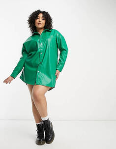 Зеленое платье-рубашка мини из полиуретана с контрастной строчкой Native Youth Plus