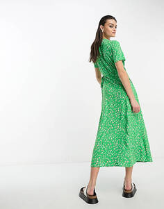 Зеленое платье миди с запахом и цветочным принтом Object