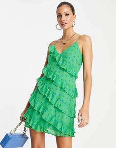 Зеленое платье мини со сборками Mango в горошек