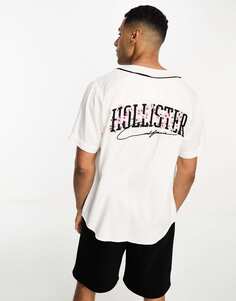 Белая бейсбольная рубашка с короткими рукавами и логотипом вишневого цвета на спине Hollister