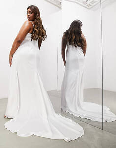 Атласное свадебное платье цвета слоновой кости с запахом спереди и низкой спинкой ASOS EDITION Curve Constance