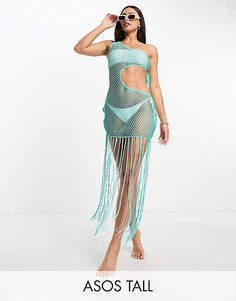 Светлое пляжное платье миди на одно плечо с бахромой ASOS DESIGN Tall