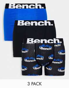 Комплект из трех боксеров Bench с логотипом на поясе черного, черного и королевского синего цвета.