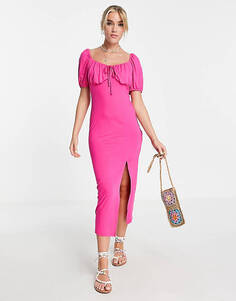 Ярко-розовое платье миди со сборками, грудью, пышными рукавами и разрезом по бокам New Look