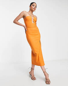 Оранжевое платье средней длины с глубоким вырезом и разрезом на бедрах Vesper