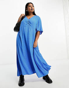 Синее платье миди в микро-горошек с v-образным вырезом Mango Curve