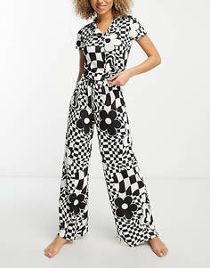 Черно-белый пижамный комплект из вискозной рубашки и брюк в клетку с цветочным принтом ASOS DESIGN