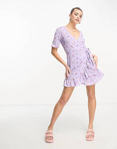 Эксклюзивное чайное мини-платье с запахом сиреневого цвета с винтажным цветочным принтом JDY