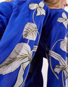 Синее атласное платье миди с запахом и вышивкой-тюльпаном ASOS EDITION