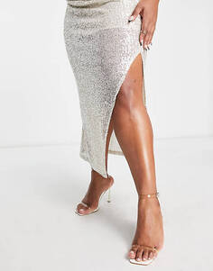Серебристая юбка макси с разрезом и декором Pretty Lavish Curve