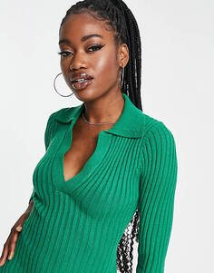 Эксклюзивное зеленое вязаное платье миди в рубчик с воротником In The Style x Billie Faiers