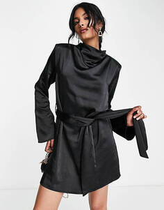 Черное атласное платье мини с завязкой на талии Pretty Lavish Jayda