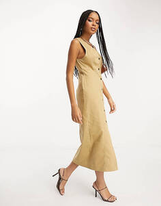 Светло-коричневое твиловое платье миди с пуговицами ASOS DESIGN