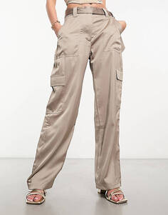 Бежевые атласные брюки карго с поясом Abercrombie &amp; Fitch