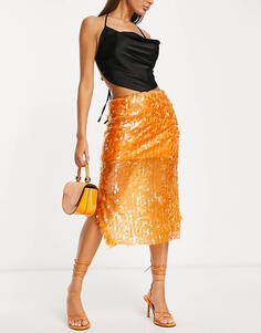 Оранжевая юбка миди с пайетками Something New x Emilia Silberg