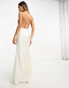 Белое атласное платье макси с воротником-хомутом и открытой спиной ASOS DESIGN