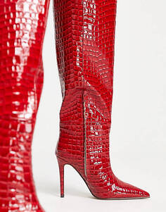 Красные ботинки на шпильке с крокодиловым принтом NA-KD