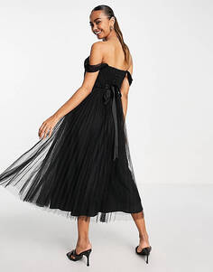 Черное платье миди из тюля с открытыми плечами, завязками на спине и плиссированной юбкой ASOS DESIGN