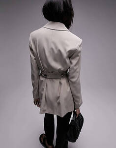 Серо-коричневый удлиненный пиджак с поясом Topshop
