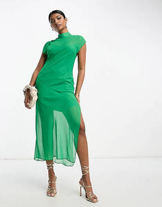 Ярко-зеленое шифоновое платье миди без рукавов с открытой спиной ASOS DESIGN