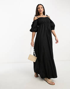Черное хлопковое платье макси с открытыми плечами и присборенной деталью на груди ASOS DESIGN Tall