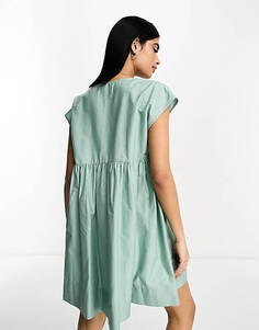 Хлопковое свободное платье мини с v-образным вырезом ASOS DESIGN зеленого цвета морской пены