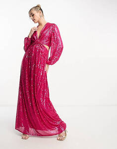 Ярко-розовое платье макси с пайетками и вырезом Style Cheat