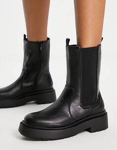 Черные массивные высокие ботинки челси на плоской подошве New Look