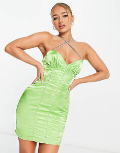 Зеленое атласное корсетное платье мини с лямками ASYOU