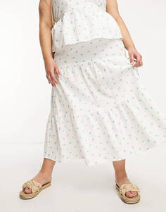 Белая ярусная льняная юбка миди с цветочным принтом Daisy Street Plus